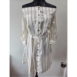 Sweet Wanderer Yellow and Gray Striped Off the Shoulder White Dress Button Sz M